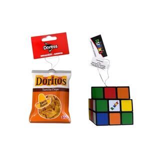 Ruz Food Christmas Tree Ornament Lot of 2 Decoupage Ruz Doritos Rubiks Cube New